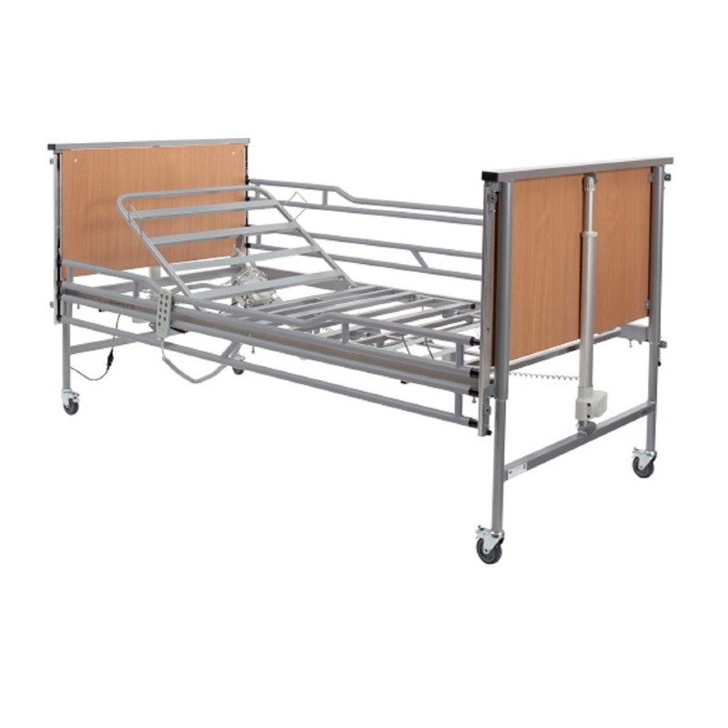 a bed frame with a wooden headboard and angled metal mattress platform